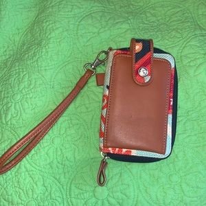 Spartina 449 Brown Leather Wristlet Wallet with Multicolor Floral Trim